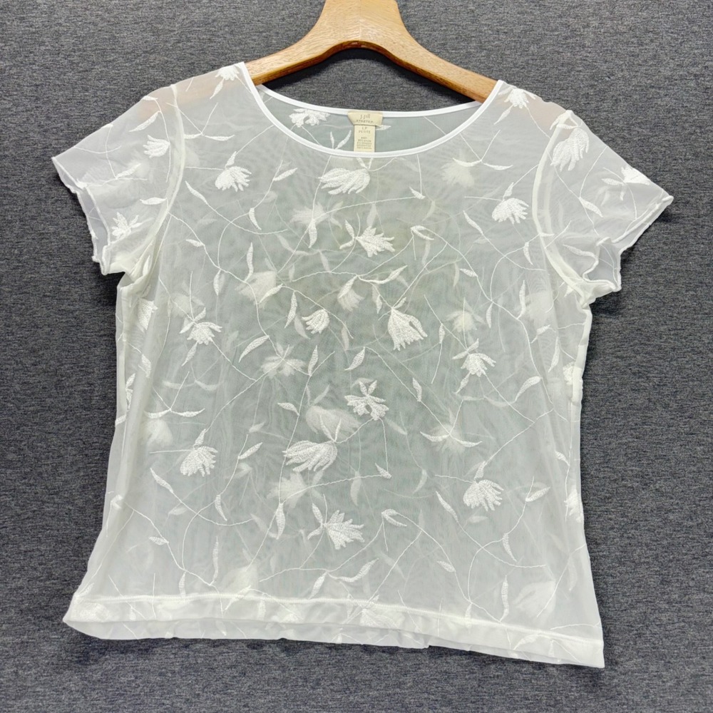 J.Jill‎ Sheer Embroidered Top Womens L Petite Short Sleeve Floral Mesh White